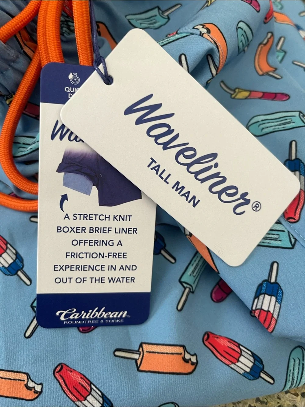 Caribbean Blue Swim Trunks with Orange Drawstring